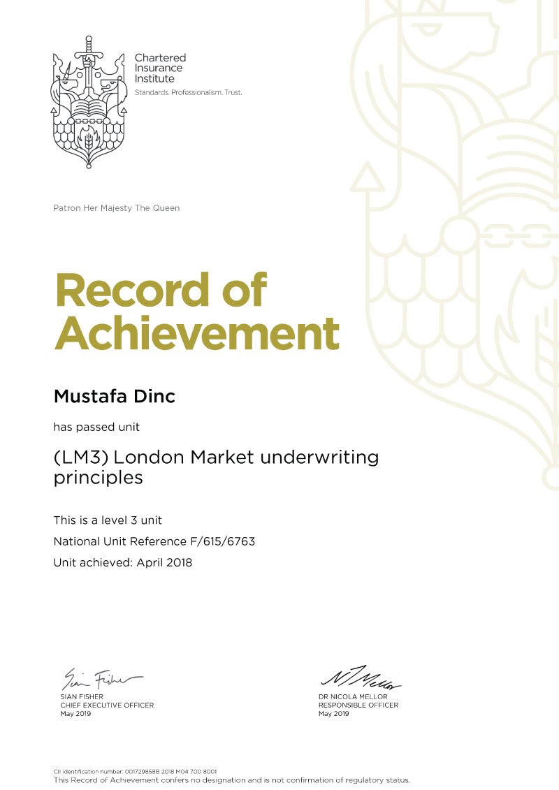 Record of Achievement - LM3 London Market Insurance Underwriting Principles